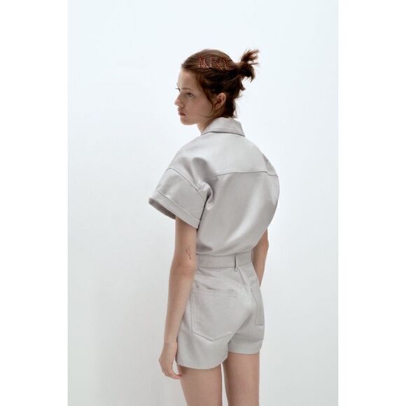 NWOT Zara Lapel Collar Denim Short Jumpsuit Romper in Dusty Blue Shimmer, Small - Picture 4 of 9